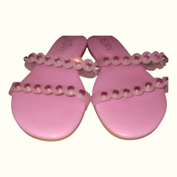 Deltan Hollie Women's Scallop Rhinestone Embellished Double Straps Pink Sandals - Picture 2 of 7